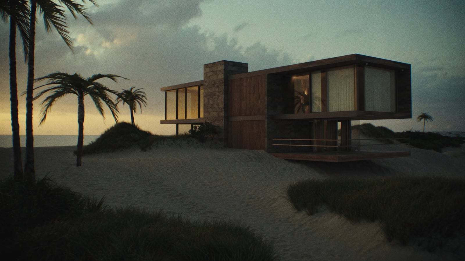 Concept villa in timber and stone above a Cambodian beach at dusk